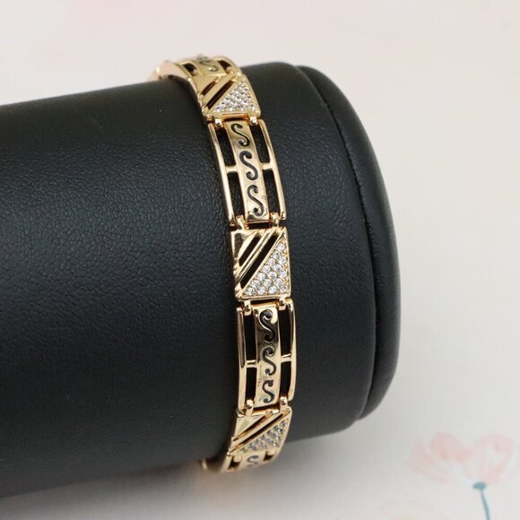 "Rose Gold Geometric Link Bracelet with Black and Crystal Accents, XPBL0810 - Picture 8 of 12